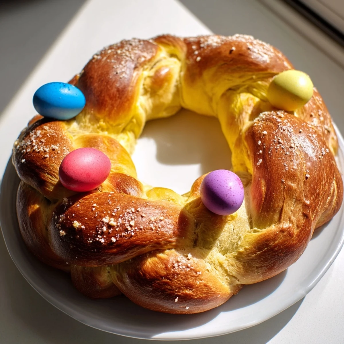 Golden-brown Easter Bread with Colored Eggs rests on a wooden board, its braided texture glistening with a sweet glaze.