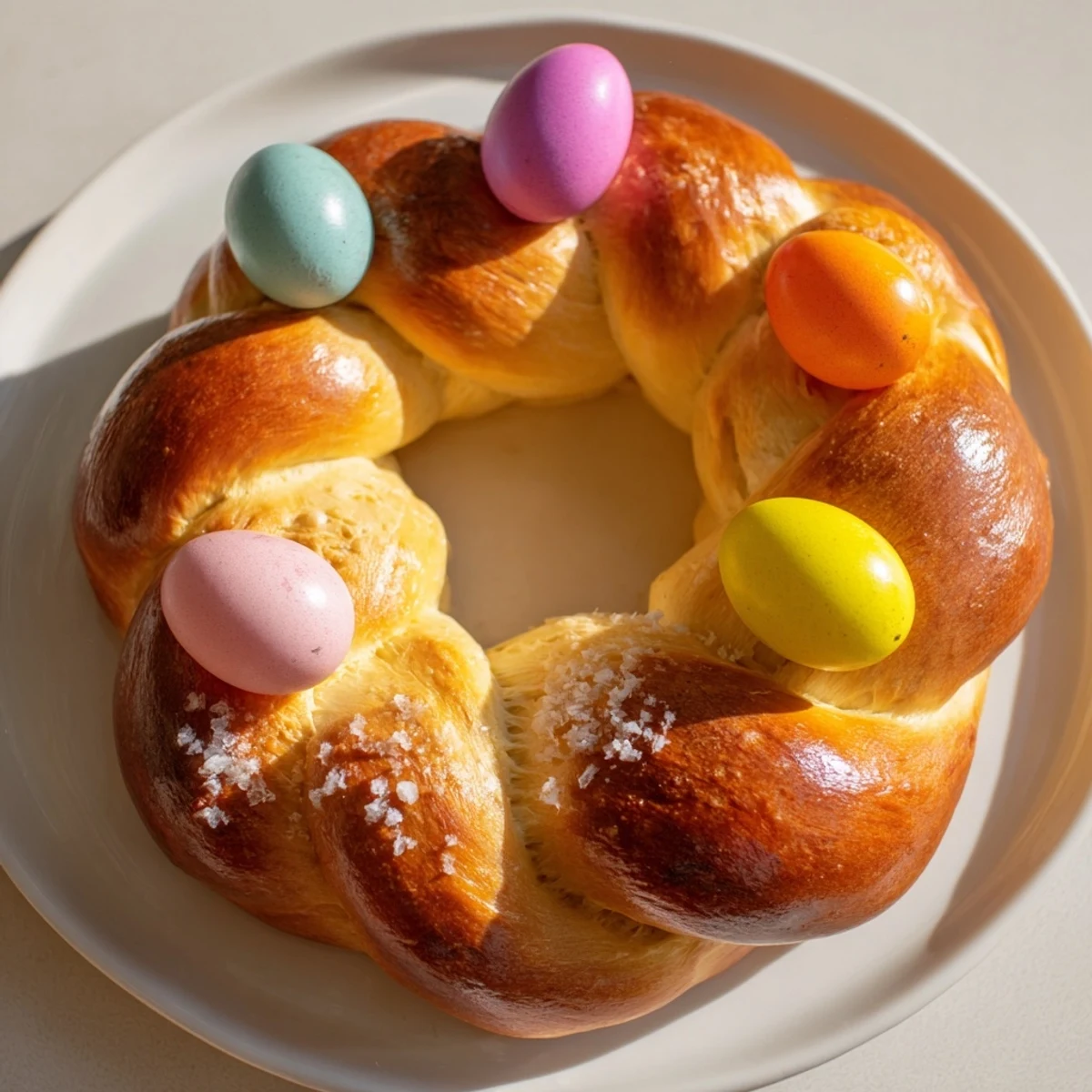 Freshly baked Easter Bread with Colored Eggs is dusted with sugar, ready to slice for a joyful spring celebration.