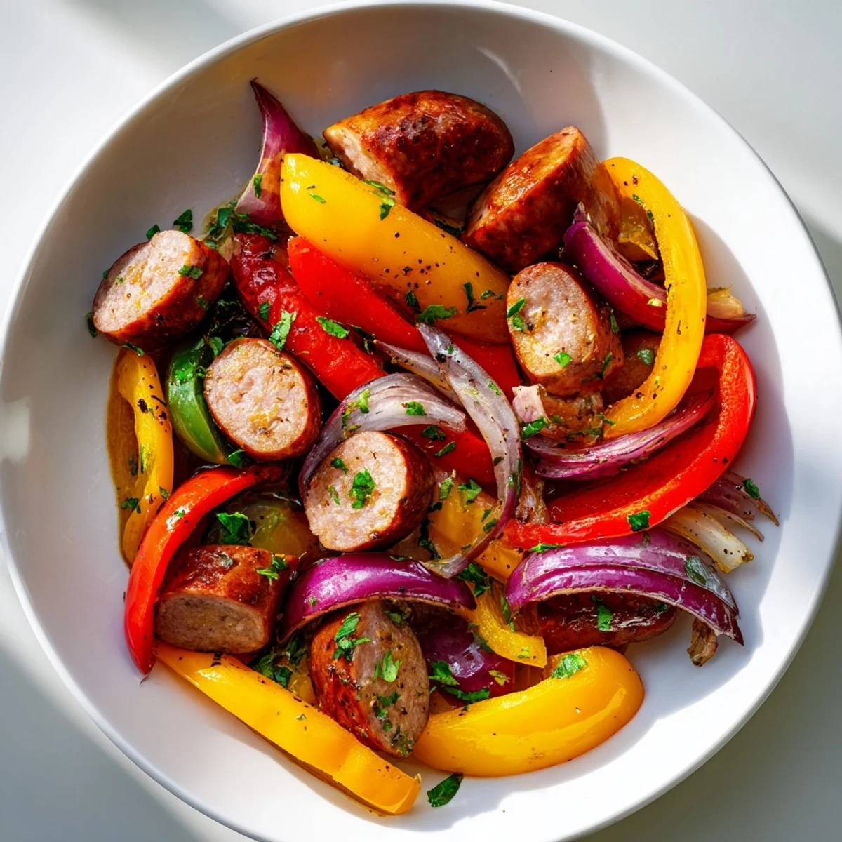 Sizzling slices of beef sausage and colorful bell peppers in a skillet, garnished with fresh parsley for a vibrant weeknight dinner.