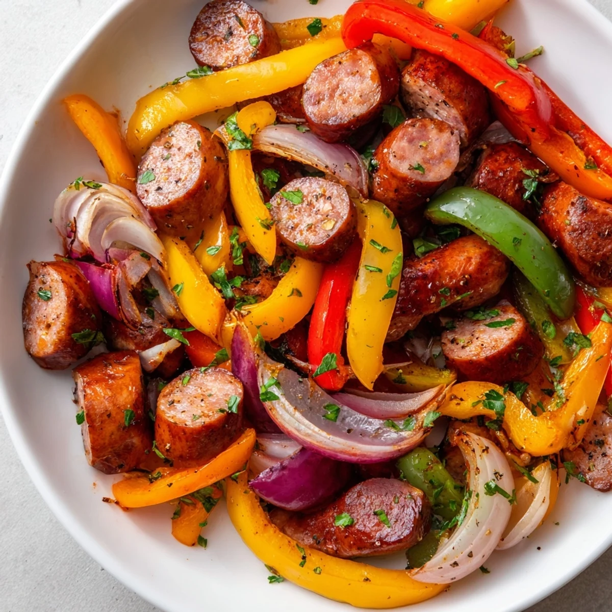 One-pan meal of juicy beef sausage, sautéed bell peppers, and aromatic spices, ready to be enjoyed with crusty bread.