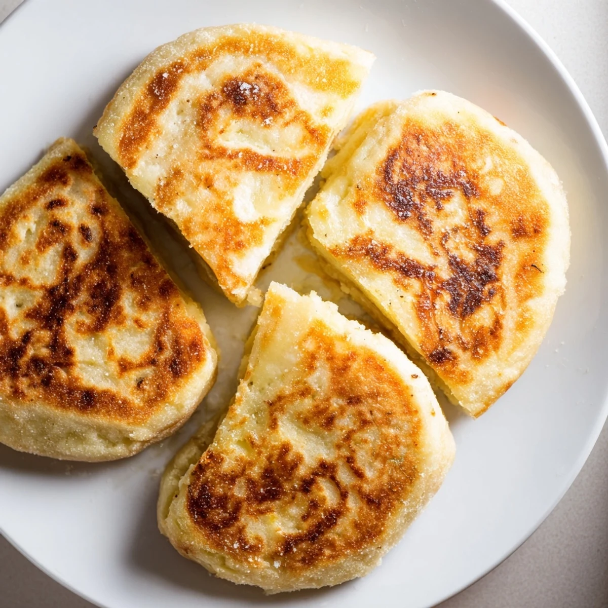 Freshly cooked Irish Potato Bread Farls, served warm with melting butter on a rustic wooden board.  