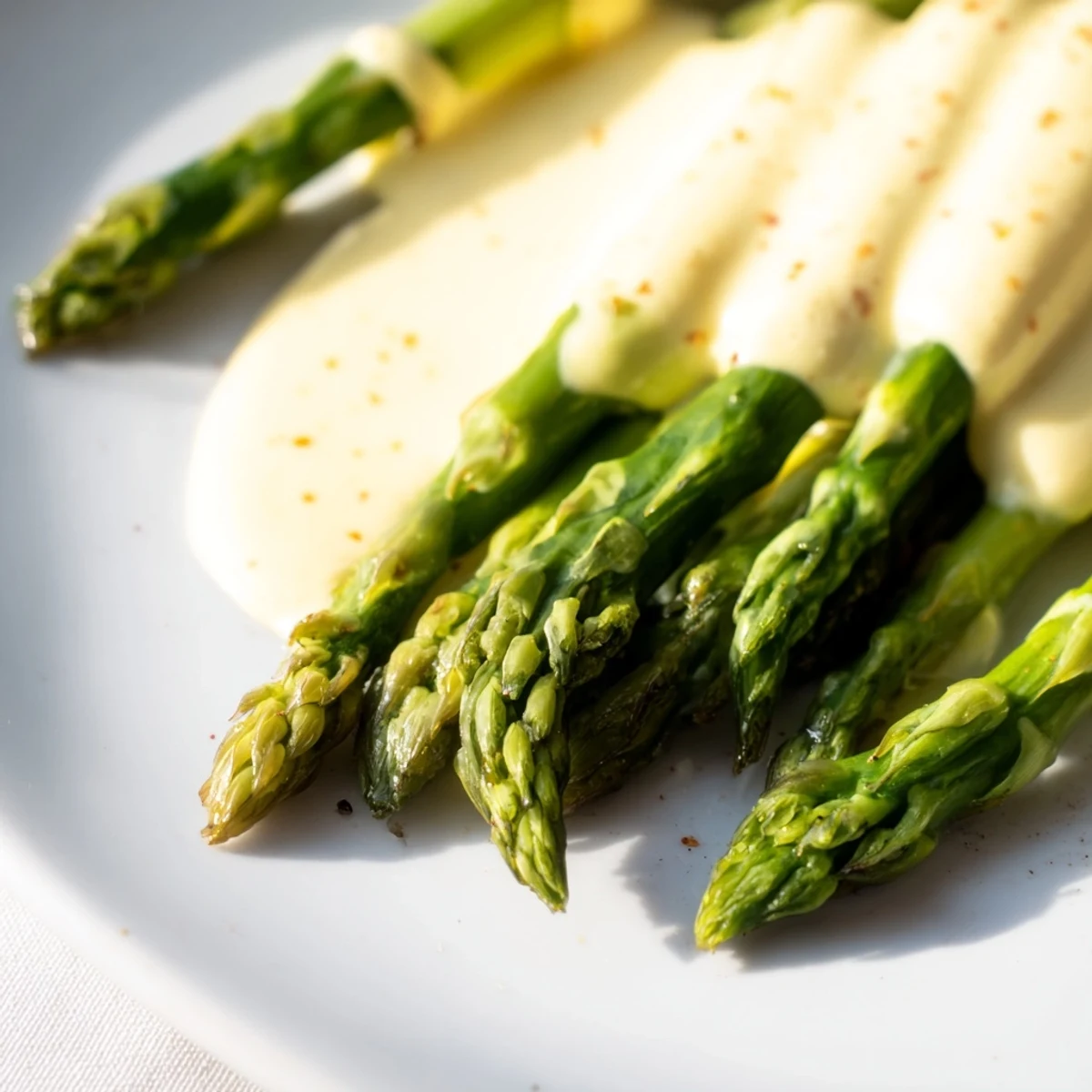 Tender roasted asparagus with Hollandaise sauce glistening on a white platter, perfect for spring gatherings.  