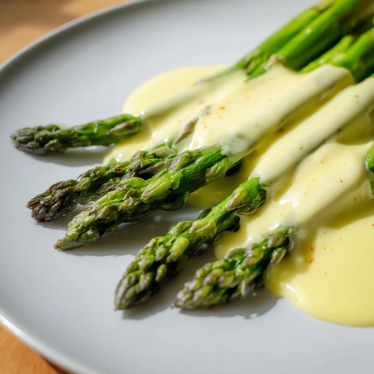 Roasted asparagus with Hollandaise sauce plated beside lemon wedges, a classic French-inspired vegetarian side dish.