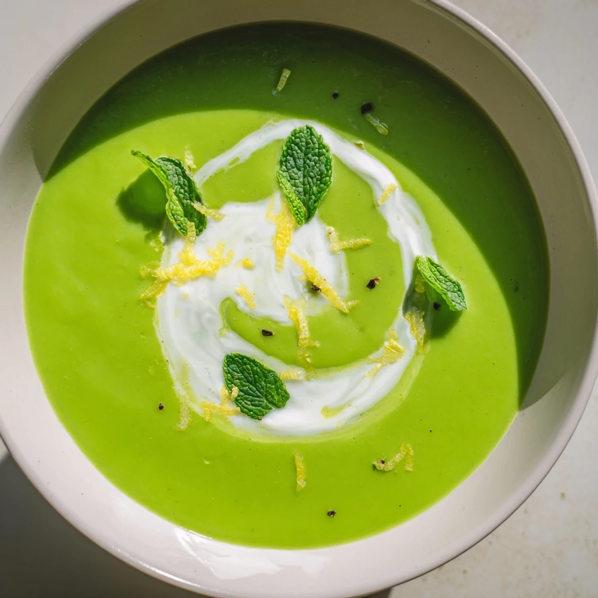 A bowl of vibrant green Spring Pea Soup with Mint and Crème Fraîche garnished with fresh mint and a lemon zest swirl.  