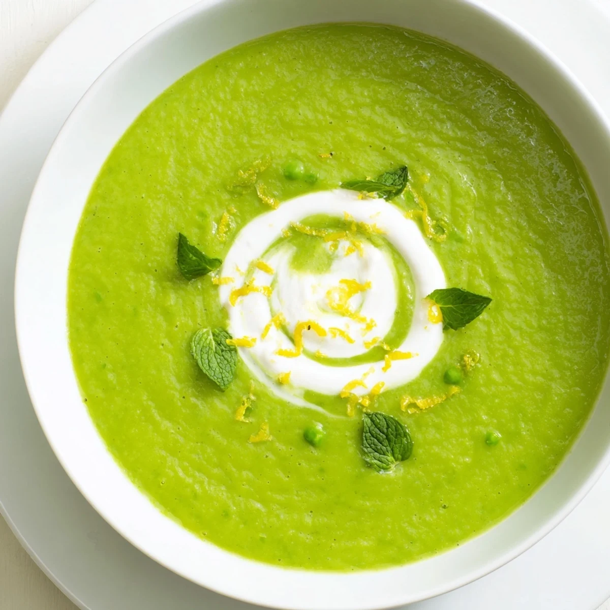 Spring Pea Soup with Mint and Crème Fraîche served in a rustic bowl, highlighting its bright color and fresh, herbaceous aromas.