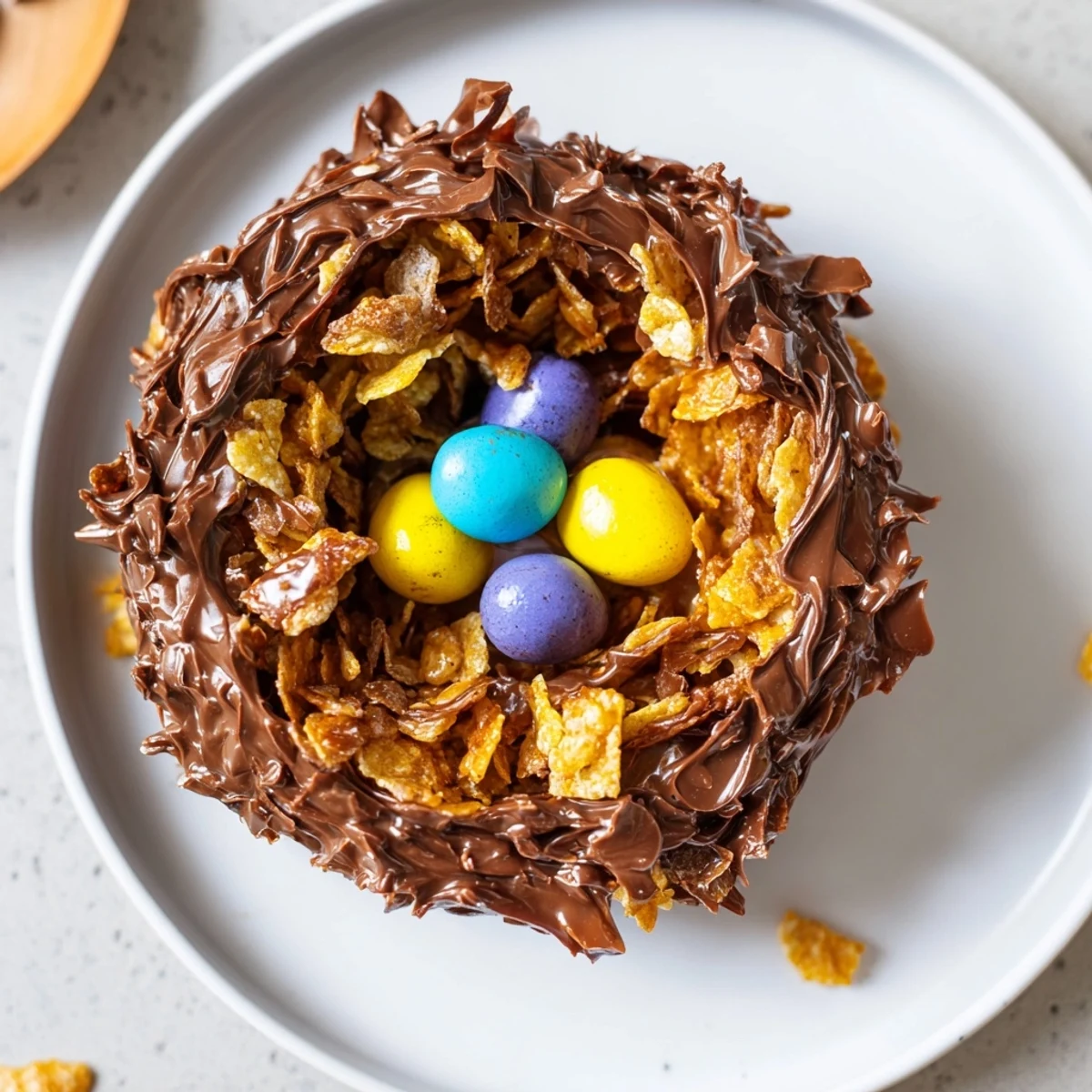 A close-up of Chocolate Easter Egg Nests with glossy melted chocolate and pastel candy eggs for Easter.