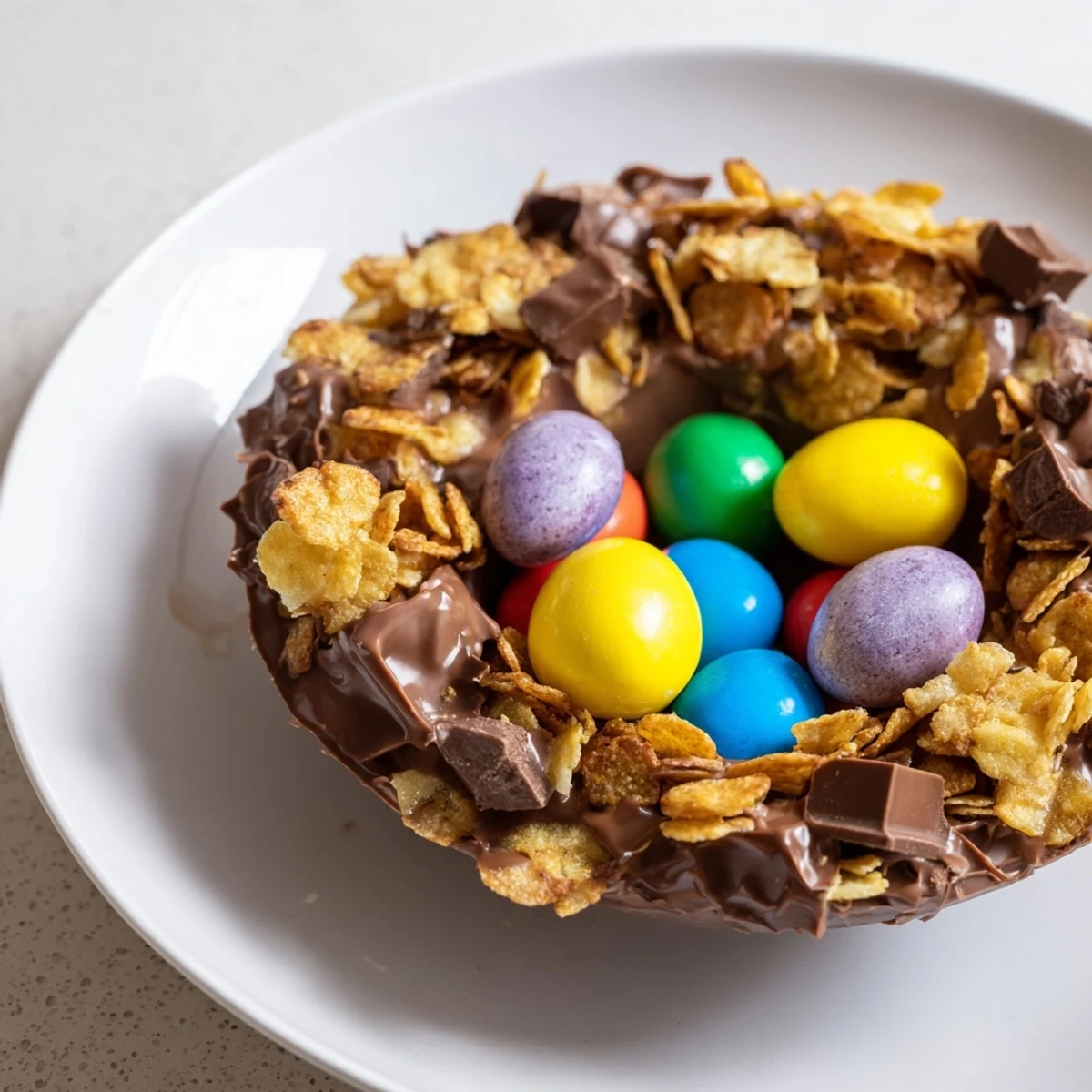 Chocolate Easter Egg Nests displayed as crispy chocolate shells filled with colorful candy eggs on a plate.