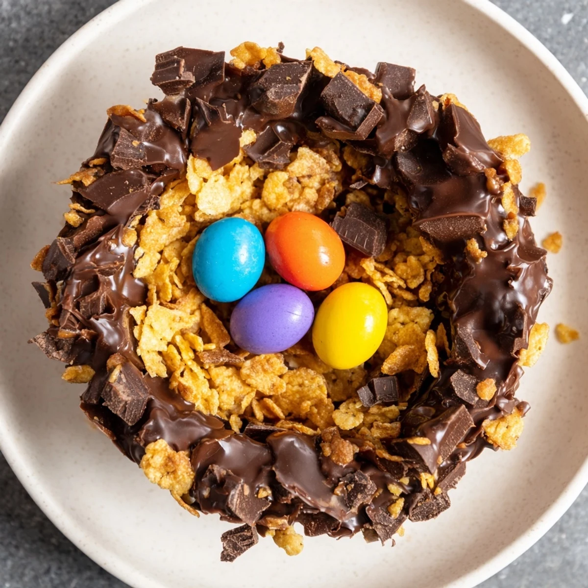 Chocolate Easter Egg Nests arranged on a wooden board, ready for an Easter brunch dessert table.