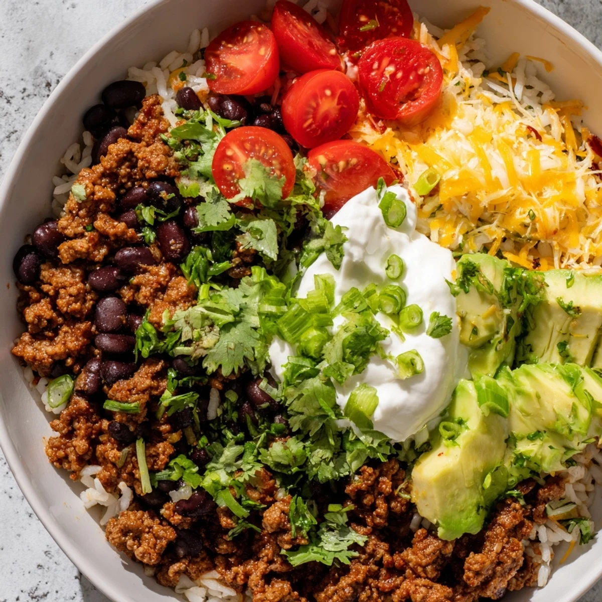 Savory seasoned ground beef, fluffy rice, and creamy black beans fill a colorful bowl topped with fresh avocado, cheese, and tangy lime wedges.