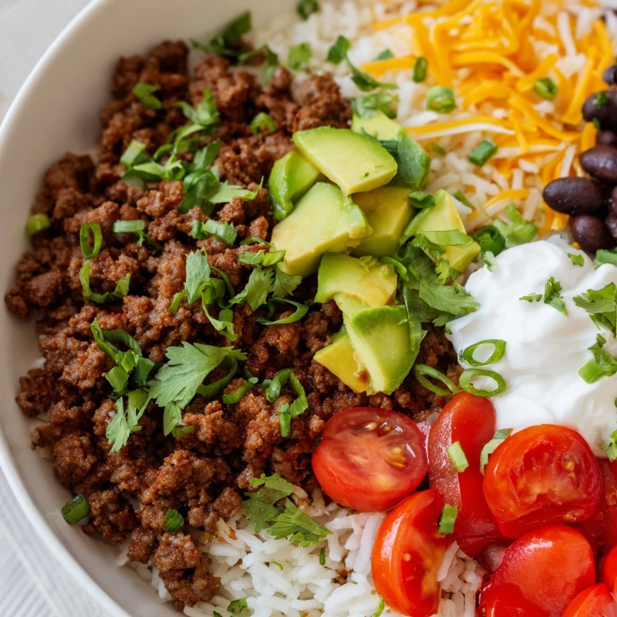 Hearty ground beef and warm rice mingle with black beans, crisp tomatoes, sour cream, and chopped cilantro in a vibrant Tex-Mex bowl.