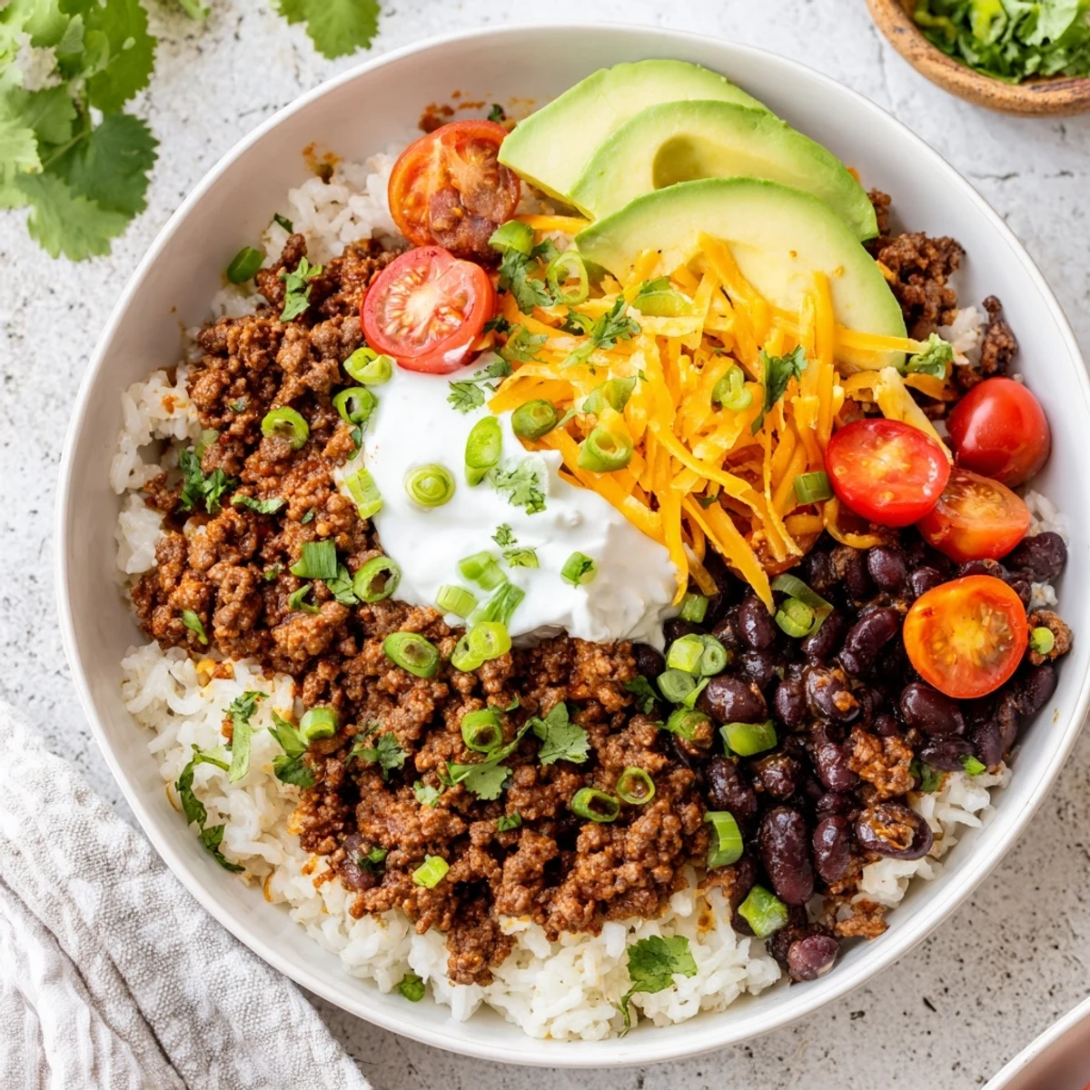 Layered rice and seasoned beef topped with melty cheese, sliced avocado, and fresh jalapeños, served ready for a satisfying gluten-free meal.