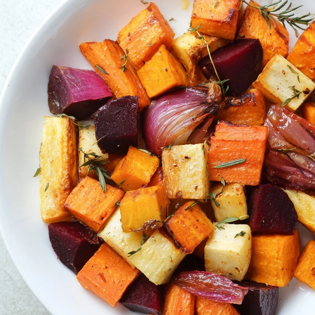 Golden roasted root vegetable medley with herbs on a rustic platter, showcasing carrots, parsnips, sweet potatoes, beets, and onions.