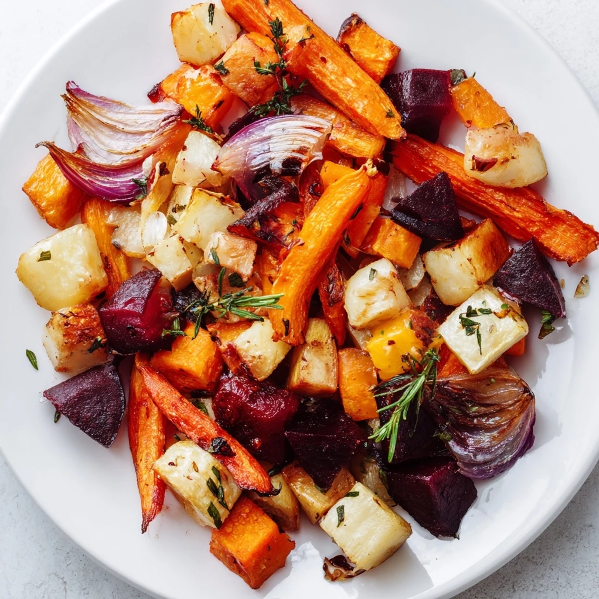A close-up of the vegan roasted root vegetable medley with herbs, steam rising from caramelized, colorful vegetable chunks.
