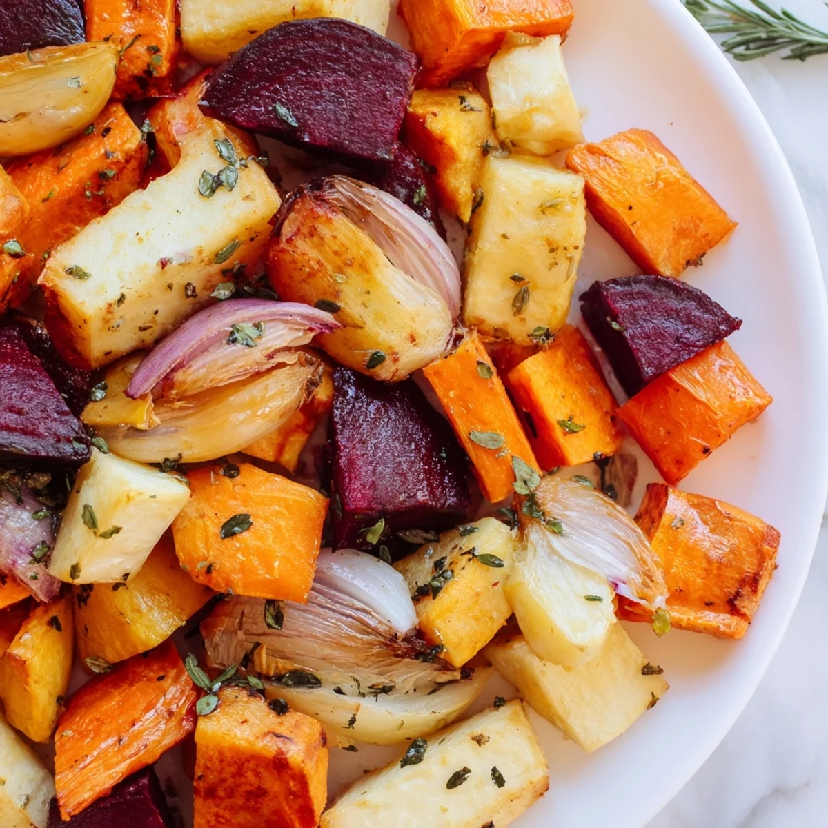 A vibrant serving of roasted root vegetable medley with herbs, garnished with fresh thyme and a lemon wedge for brightness.