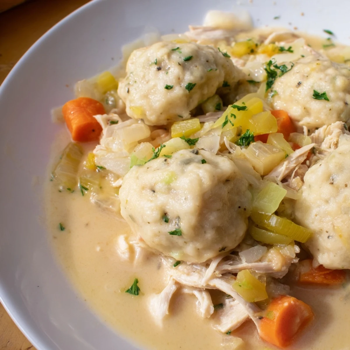 A warm bowl of Slow Cooker Chicken and Dumplings, featuring tender shredded chicken and fluffy dumplings in a creamy herb broth.