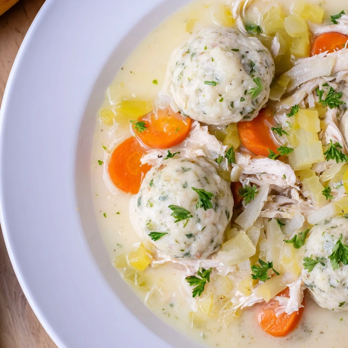 Homemade Slow Cooker Chicken and Dumplings served steaming hot with a side of green beans for a comforting family dinner.