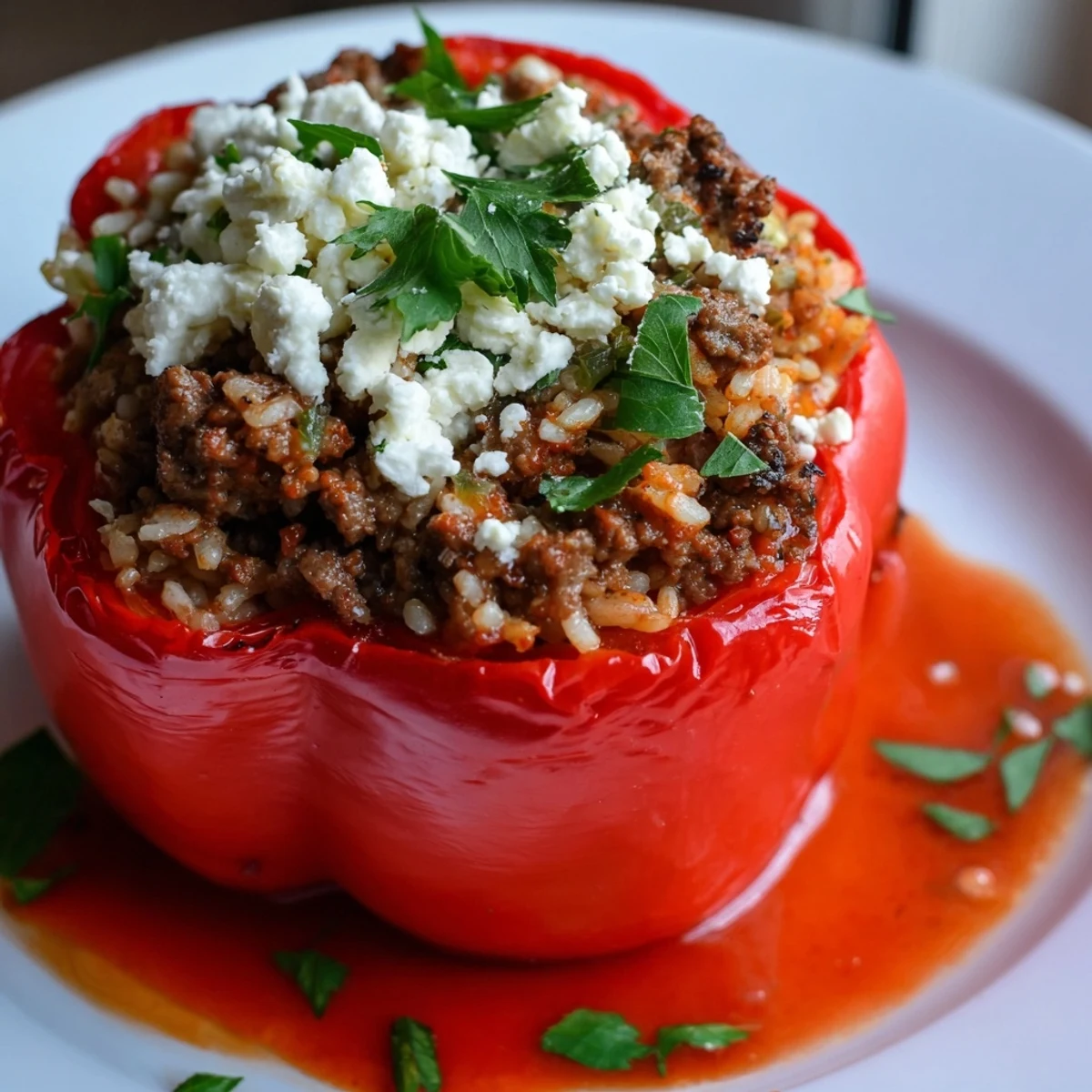 Colorful roasted bell peppers filled with savory beef, rice, and herbs on a white platter, ready to serve.