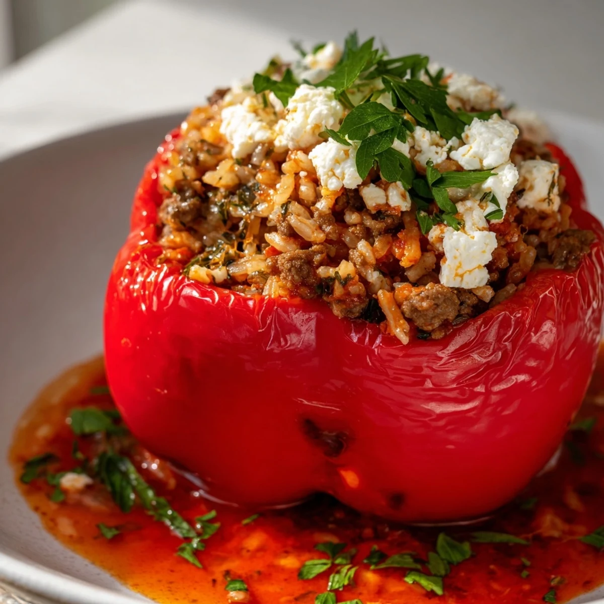 A close-up of Mediterranean Stuffed Bell Peppers with Beef topped with melted feta and fresh parsley garnish.