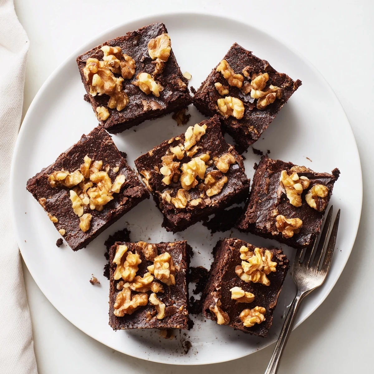 Close-up view of a sliced Chocolate Fudge Brownies with Walnuts square, revealing dense, chewy texture and generous chunks of bittersweet chocolate and walnuts.