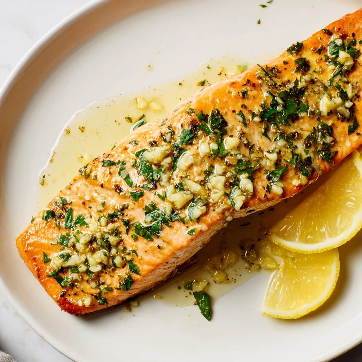 Flaky baked salmon fillets glistening with a rich lemon garlic butter sauce on a plate.