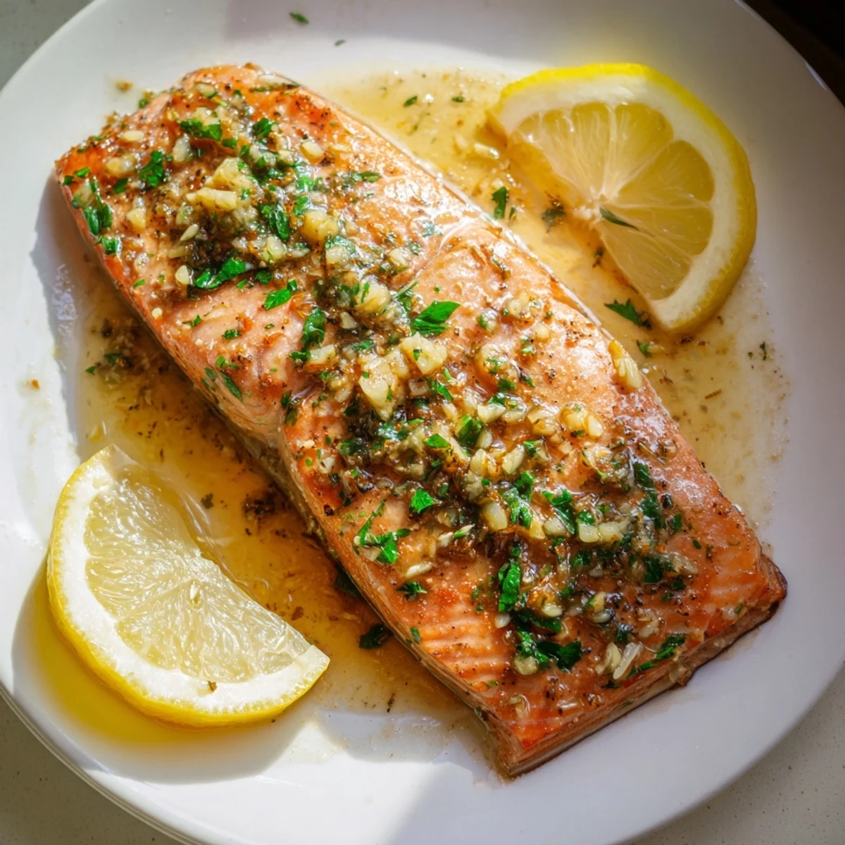 A close-up of tender salmon topped with melted butter, garlic, and fresh parsley garnish.