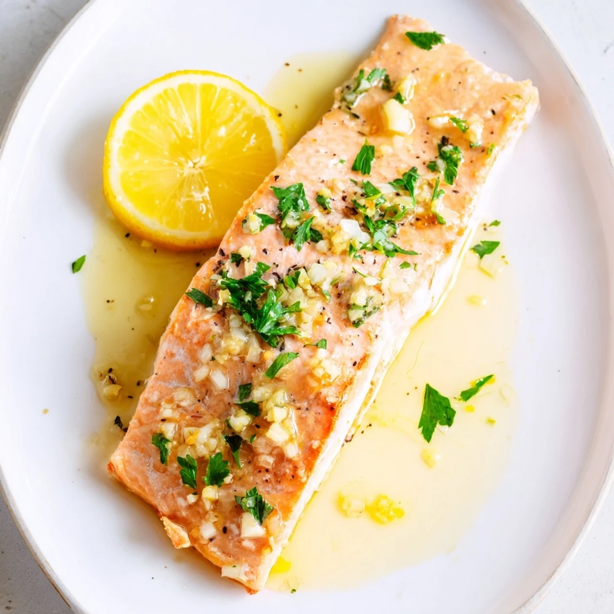 Golden salmon fillet served with lemon wedges and steamed vegetables for a weeknight dinner.