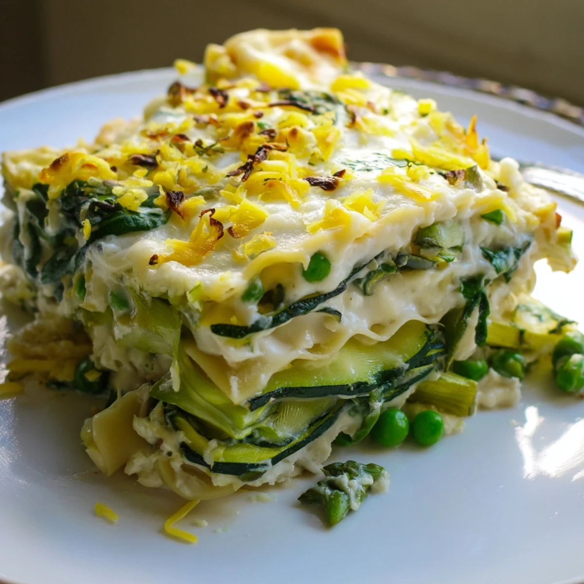 A close-up of Spring Vegetable Lasagna with White Sauce, showcasing bubbly mozzarella and layered noodles.
