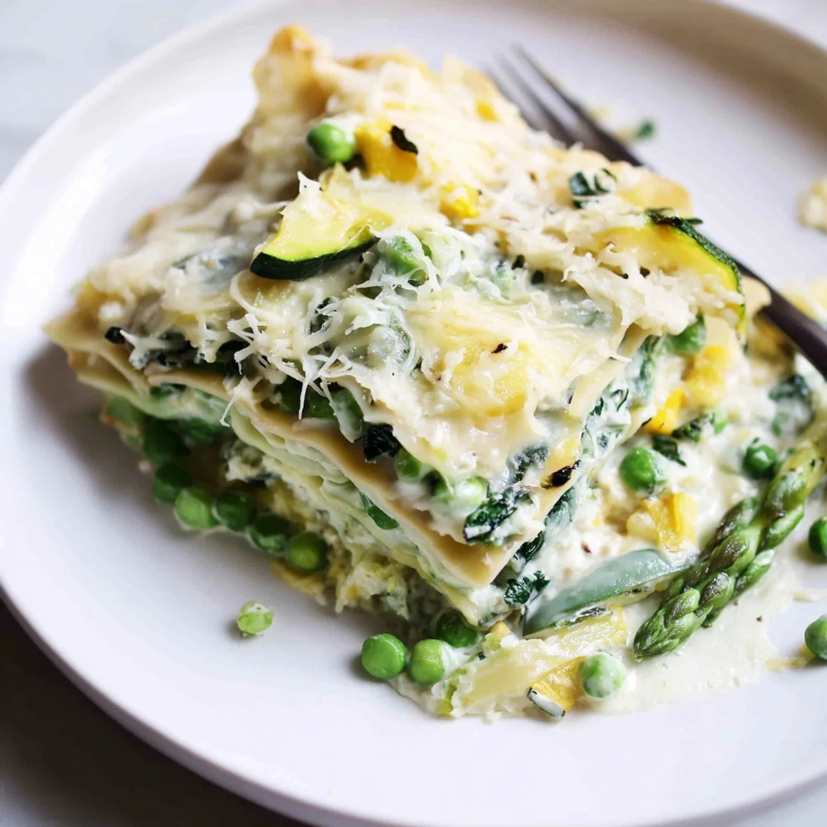 Spring Vegetable Lasagna with White Sauce steams on a plate, revealing tender zucchini and creamy béchamel.