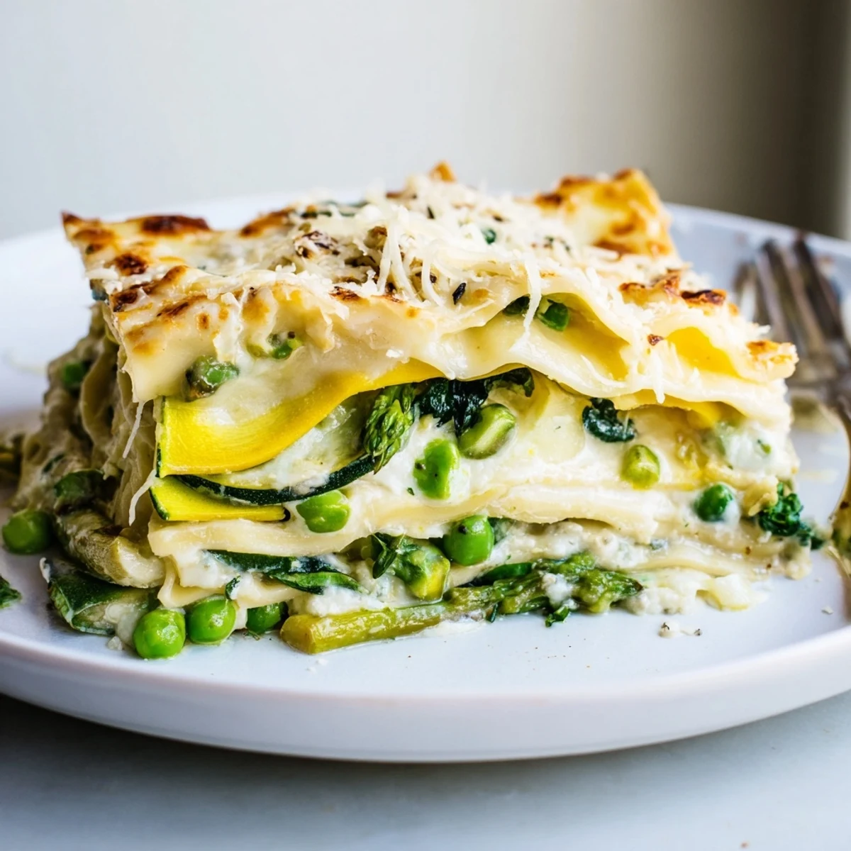 Overhead view of Spring Vegetable Lasagna with White Sauce, garnished with fresh herbs and Parmesan.