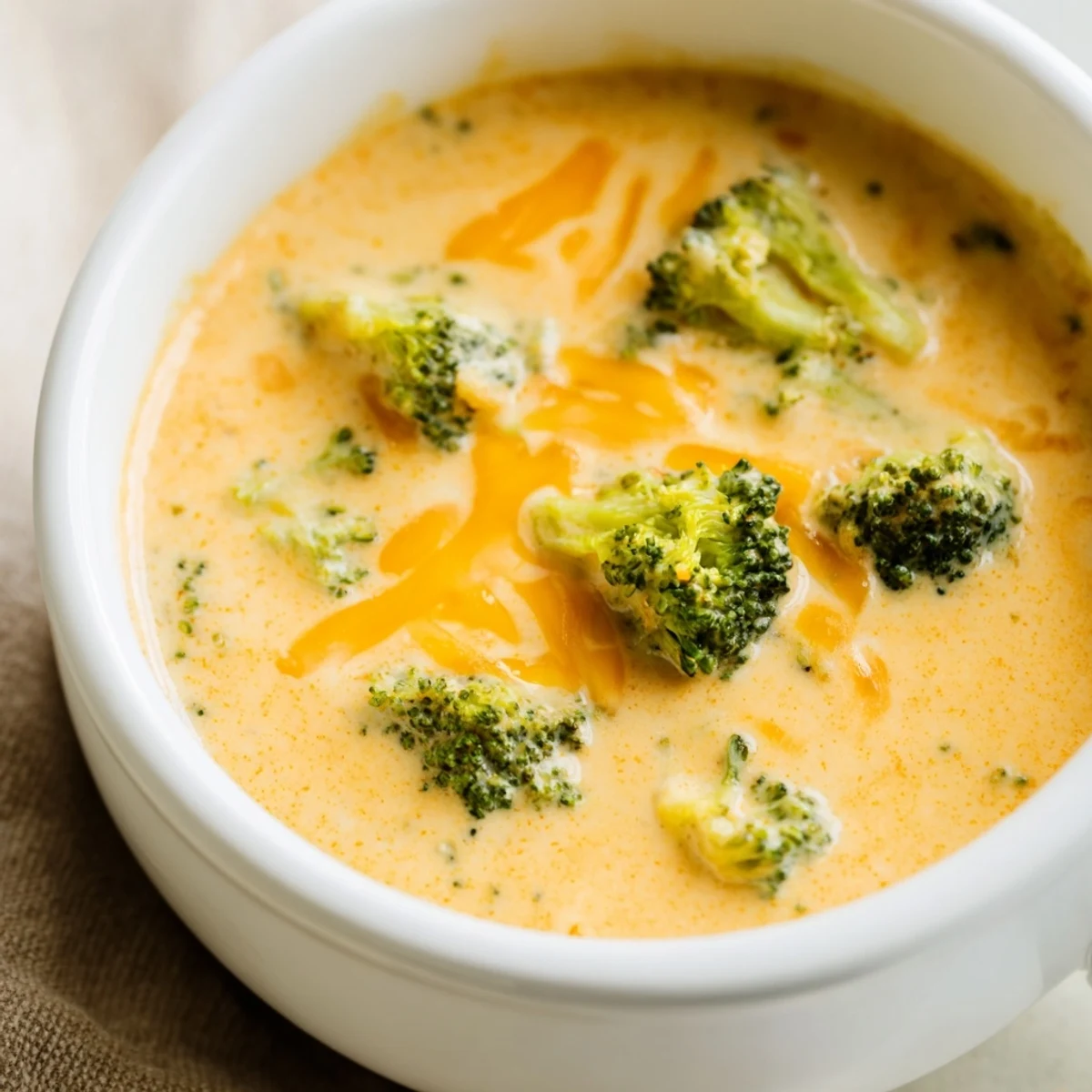 A warm ladle of creamy broccoli cheddar soup shows velvety texture, sharp cheddar shreds, and tender green broccoli pieces.