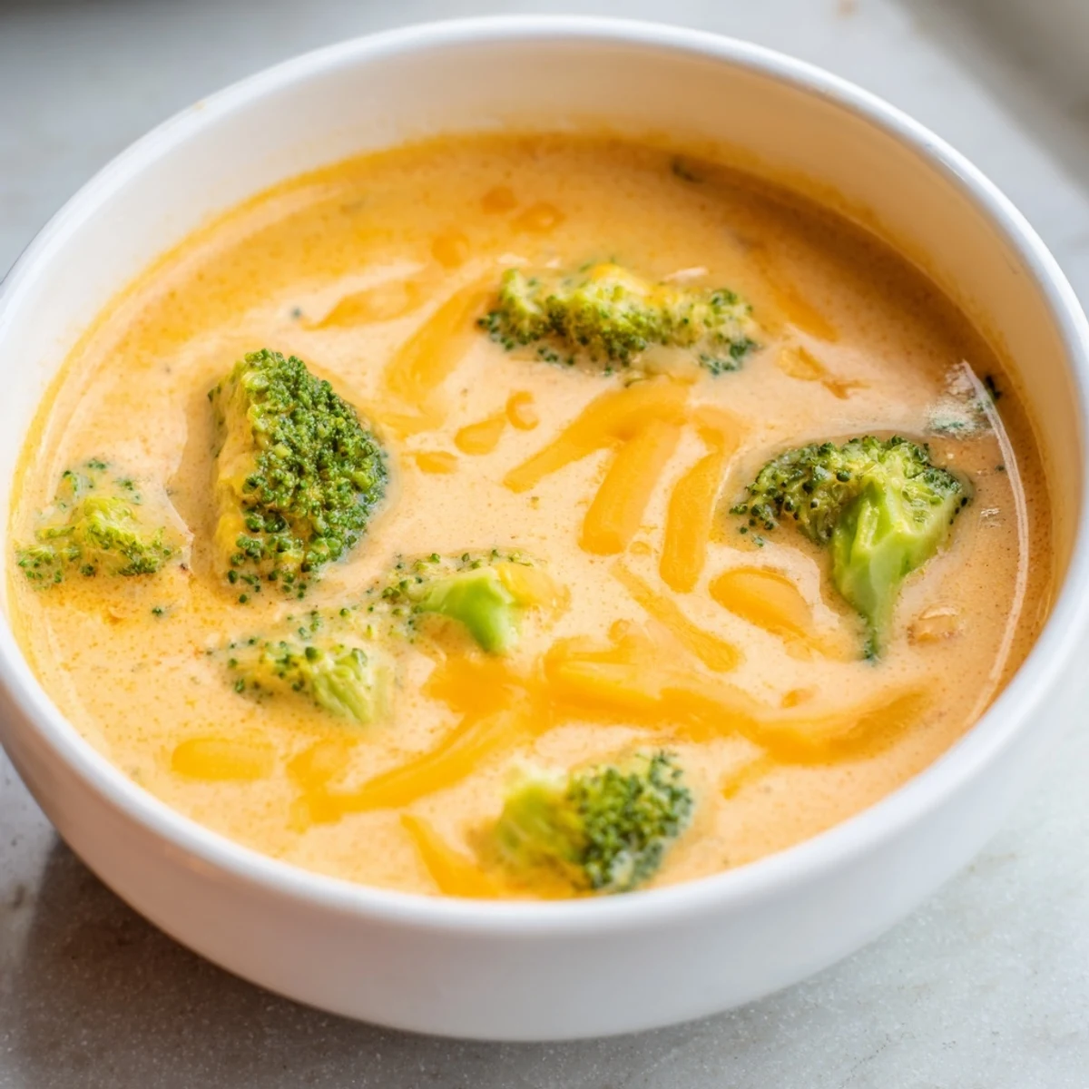 Homemade creamy broccoli cheddar soup topped with extra cheese, ready to enjoy with a toasted baguette slice for dipping.