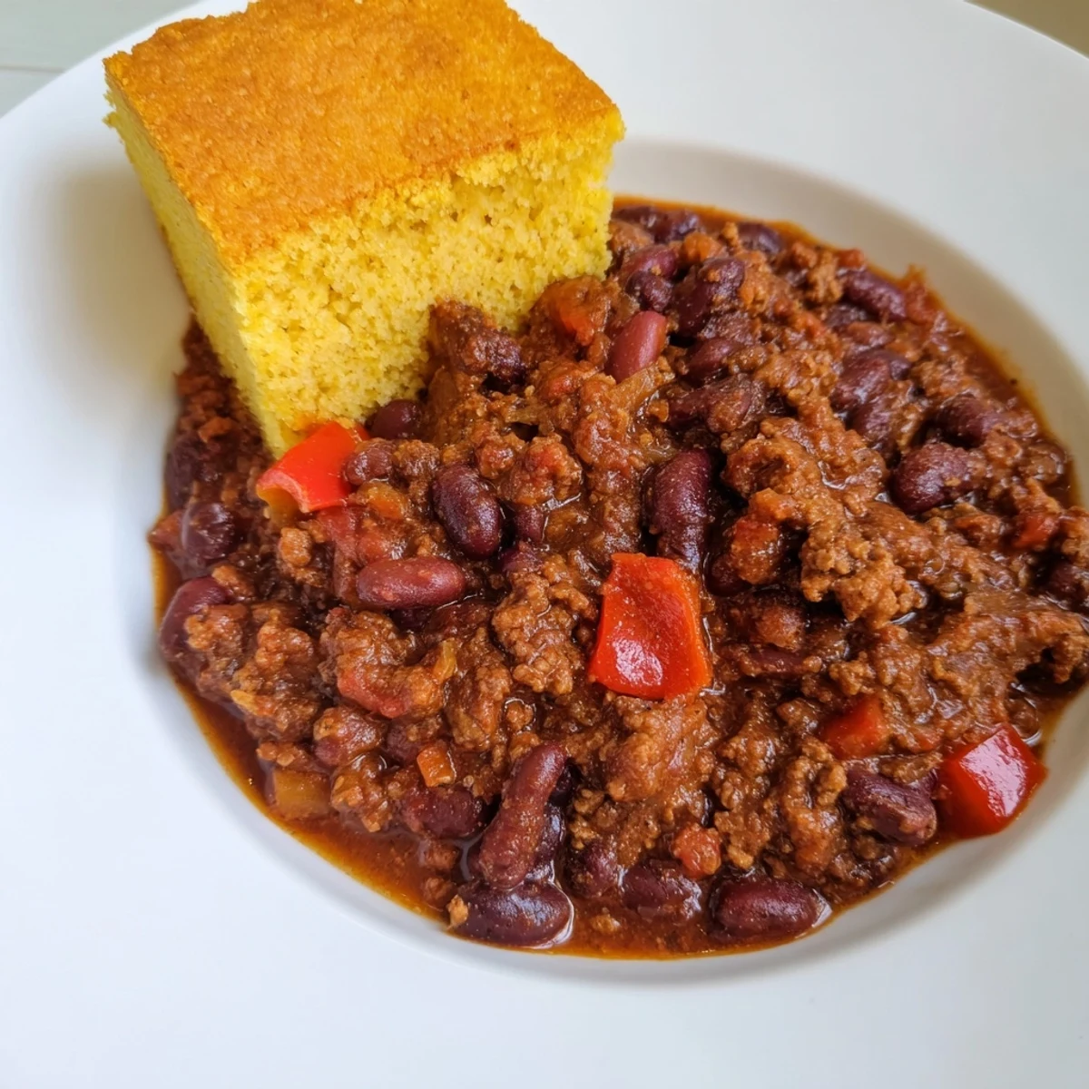 A hearty bowl of Beef and Bean Chili with Cornbread, featuring tender beef, rich beans, and a slice of golden, buttery cornbread on the side.