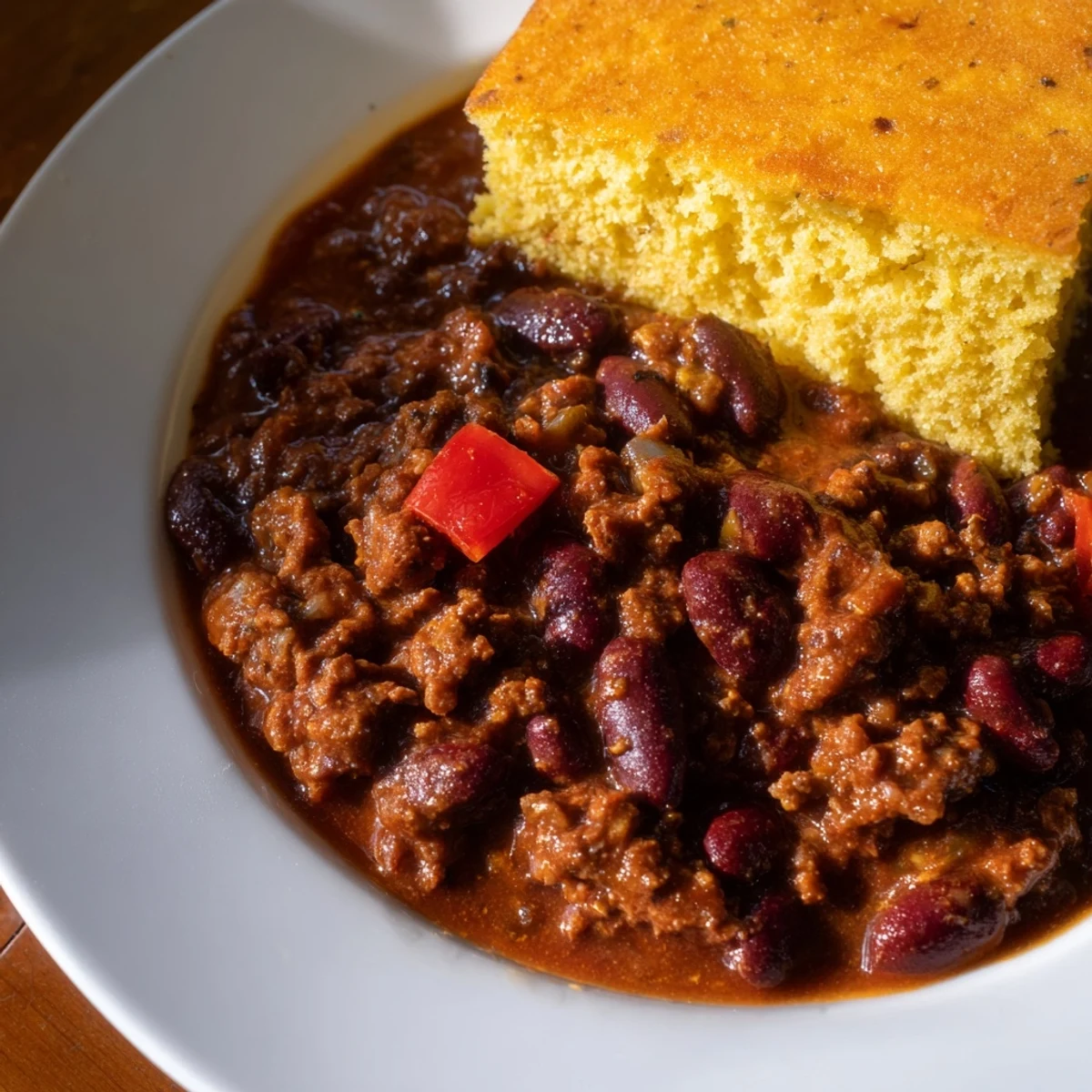 Close-up view of Beef and Bean Chili with Cornbread, showing robust spices, kidney beans, and a side of freshly baked cornbread ready to dip.