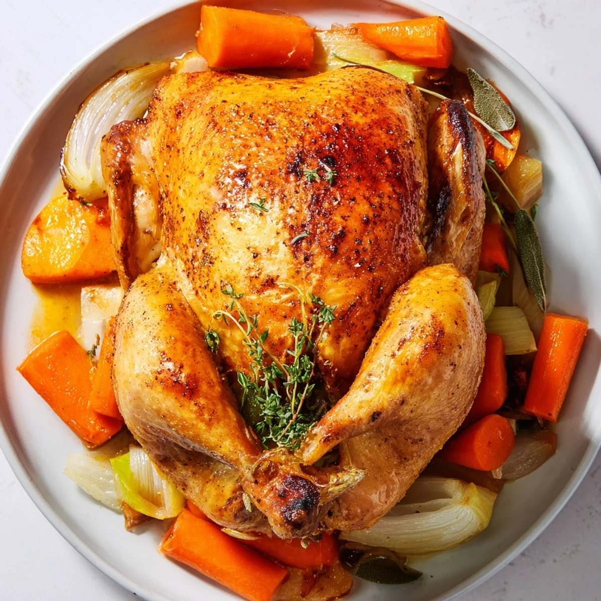 Golden roasted chicken with lemon and herbs sits on a platter beside carrots and onions.