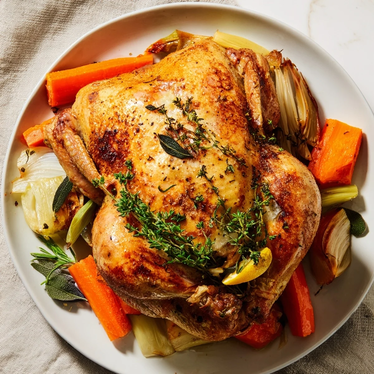 A close-up of roasted chicken with lemon and herbs highlights crispy, golden-brown skin on top.