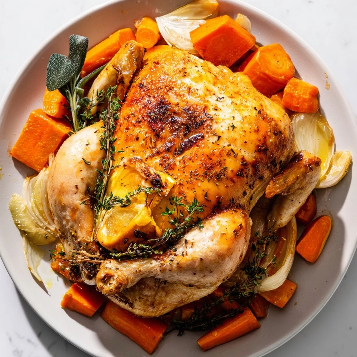 Whole roasted chicken with lemon and herbs rests on a bed of caramelized vegetables for dinner.