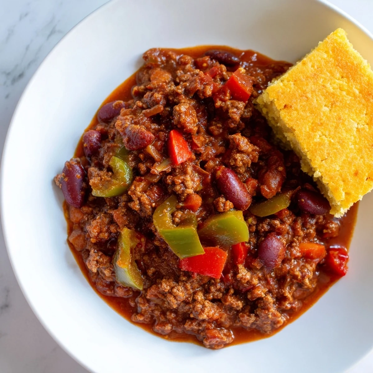 Hearty Beef and Bean Chili with Cornbread bubbling in a Dutch oven alongside golden slices.