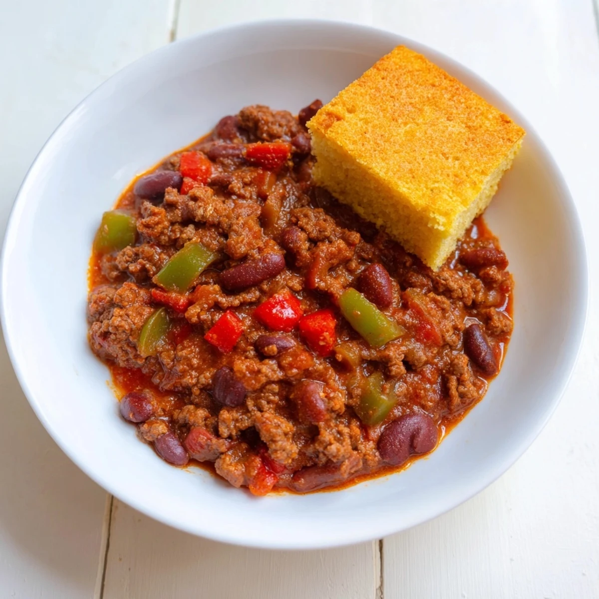 Cozy bowl of Beef and Bean Chili with Cornbread topped with melted cheese and cilantro.