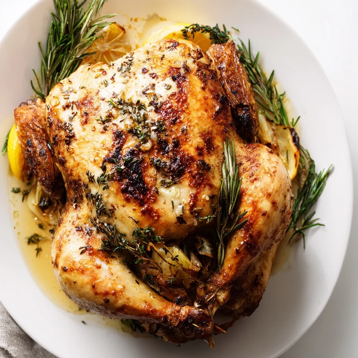 The roasted chicken with lemon and fresh herbs sits golden and crispy in a rustic pan surrounded by caramelized carrots and onions.