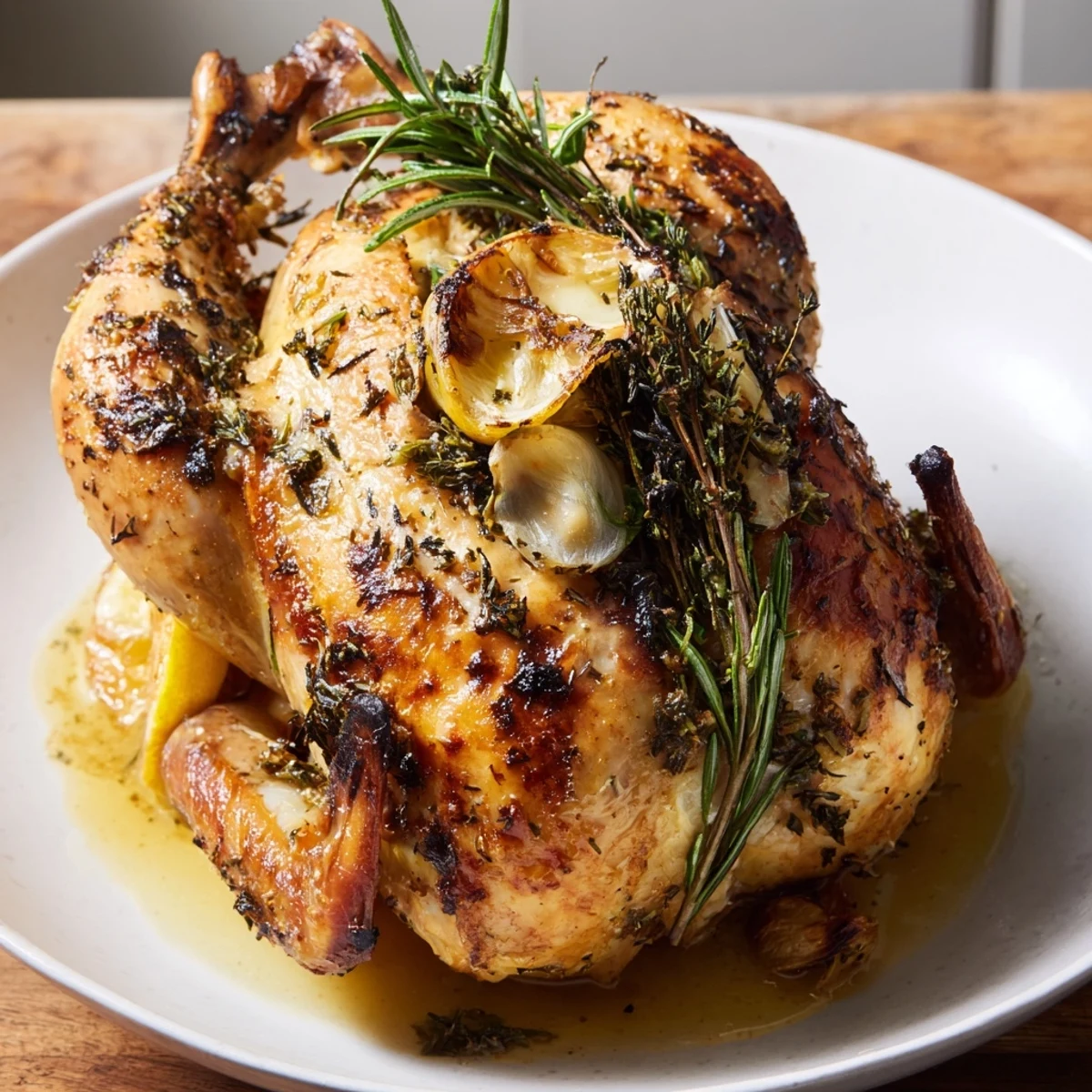 Golden crispy roasted chicken with lemon and fresh herbs rests on a cutting board with pan juices and fresh rosemary sprigs.