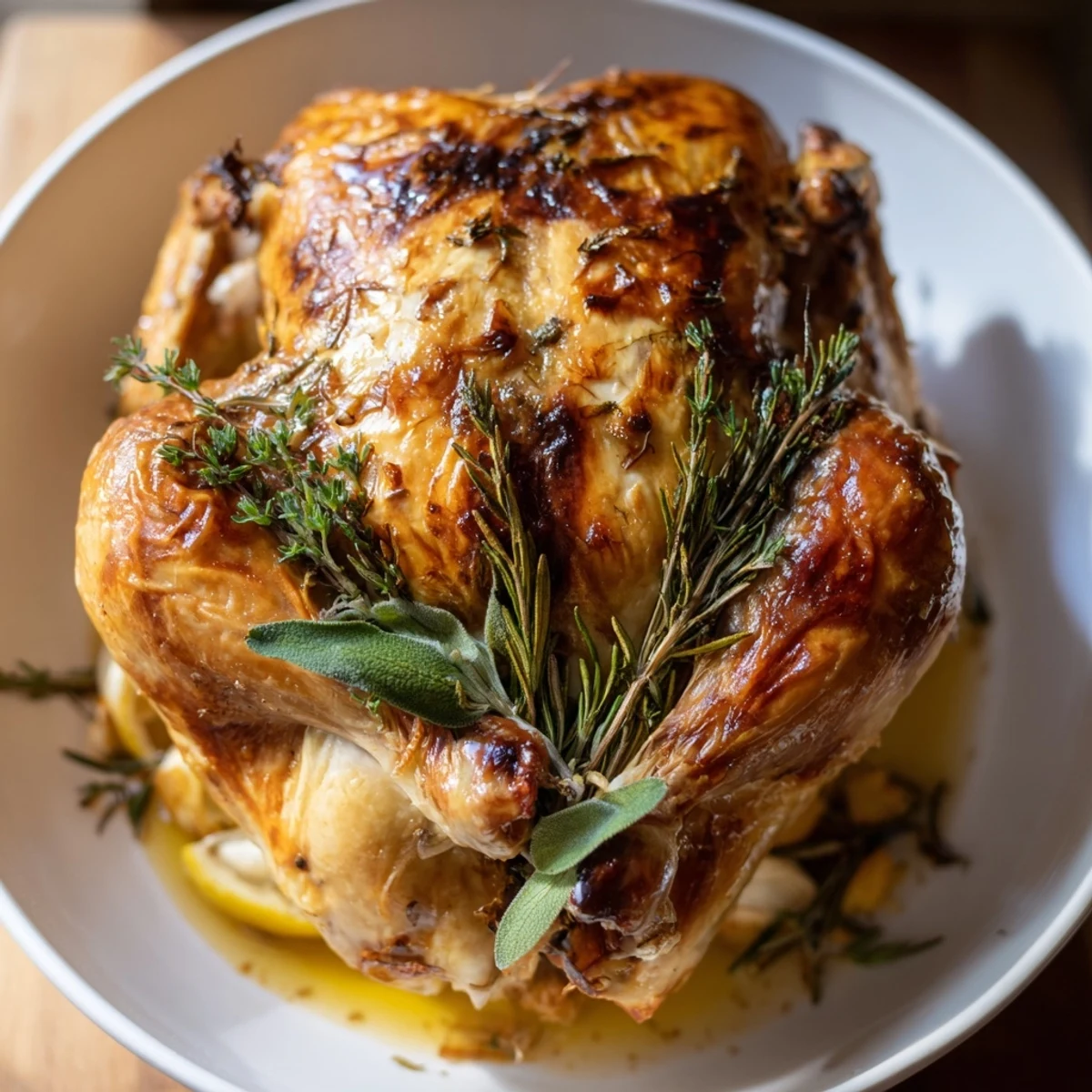 A close-up view shows tender roasted chicken with lemon and fresh herbs served alongside steamed green beans and roasted potatoes.
