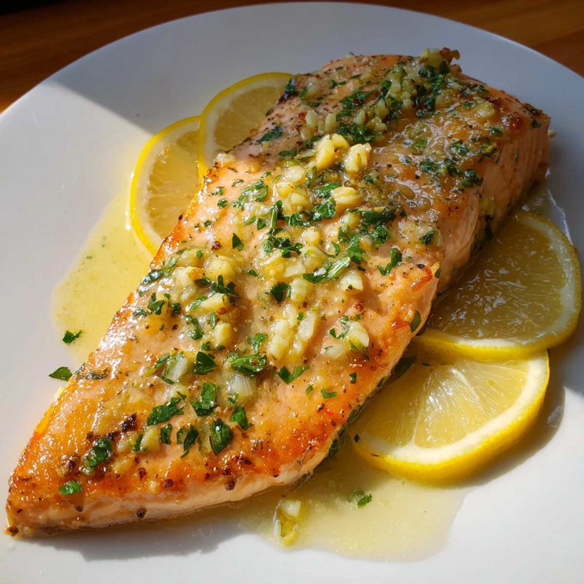 Golden seared Lemon Garlic Butter Salmon Fillets, skin crisp and glistening, garnished with fresh parsley and lemon slices for a bright, buttery finish.