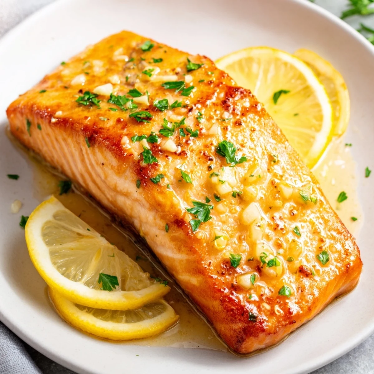 Tender Lemon Garlic Butter Salmon Fillets flaking with a fork beside steamed vegetables on a white plate, perfect for a cozy weeknight dinner.