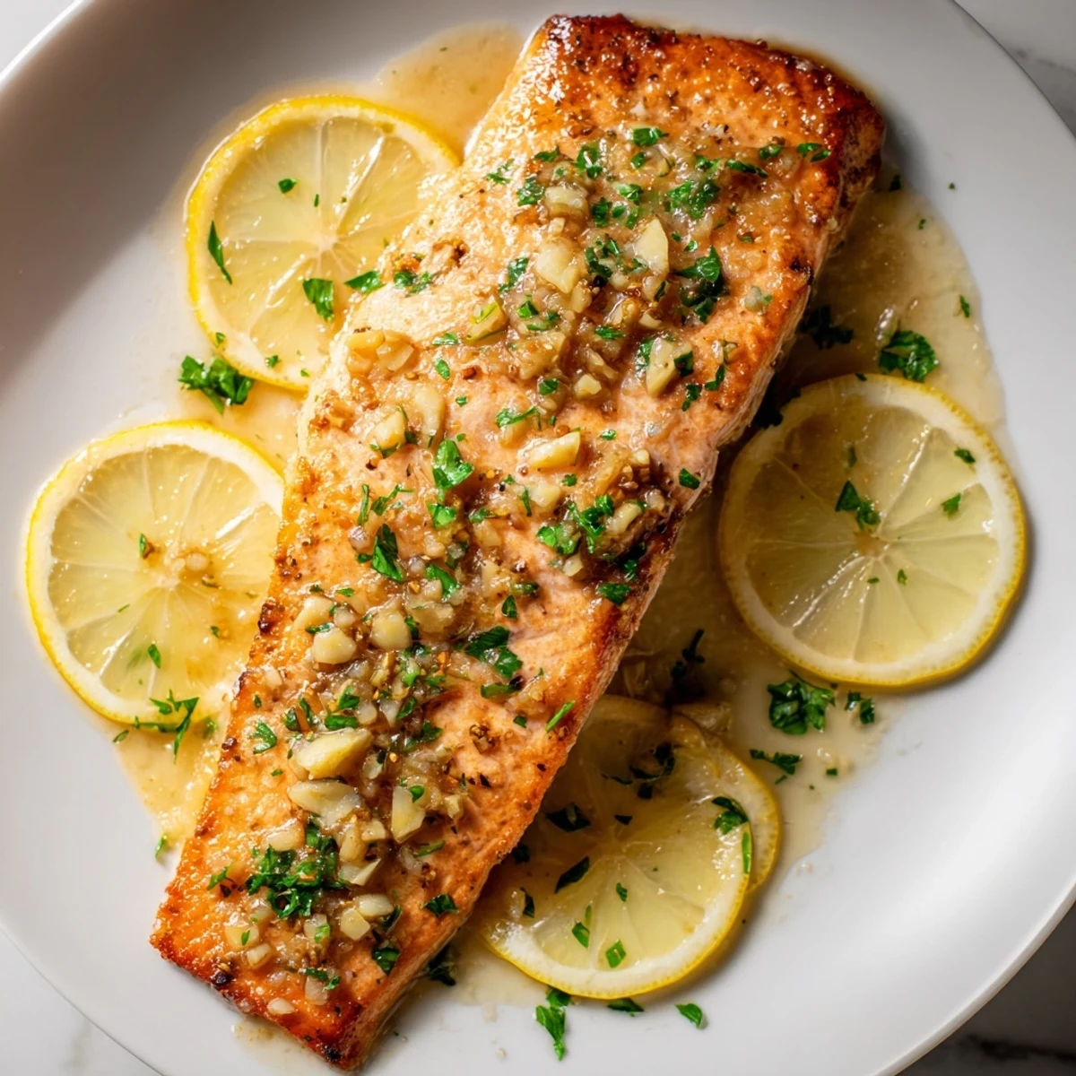 Aromatic Lemon Garlic Butter Salmon Fillets sizzling in a skillet, spooned with melted butter sauce and lemon zest for a zesty, savory aroma.