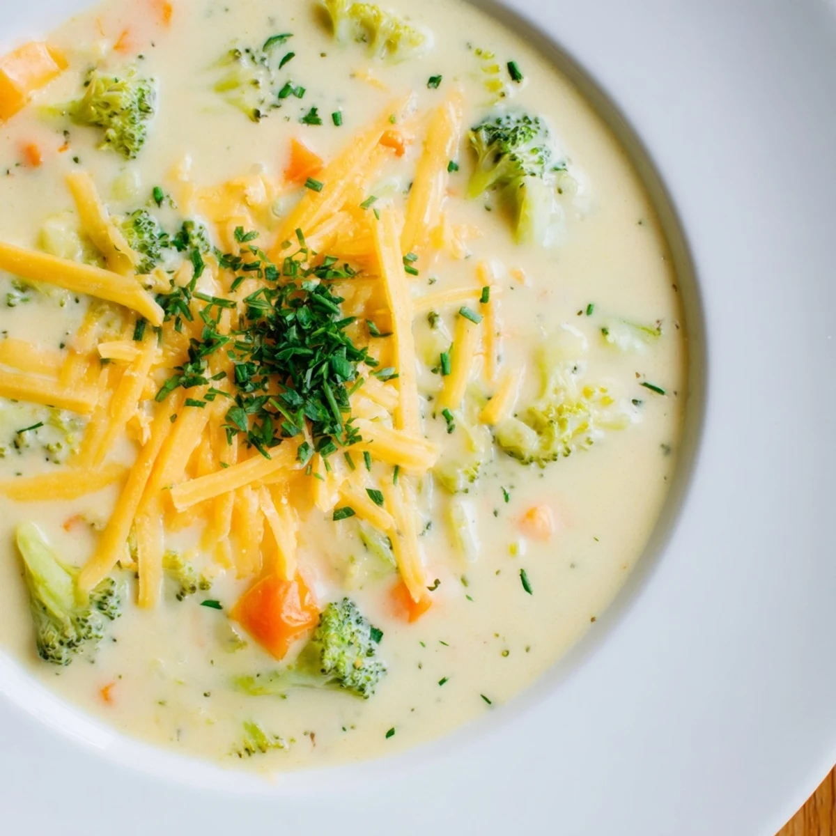 Creamy Broccoli Cheddar Soup with Carrots steaming in a rustic bowl, topped with fresh chives and extra cheddar. 