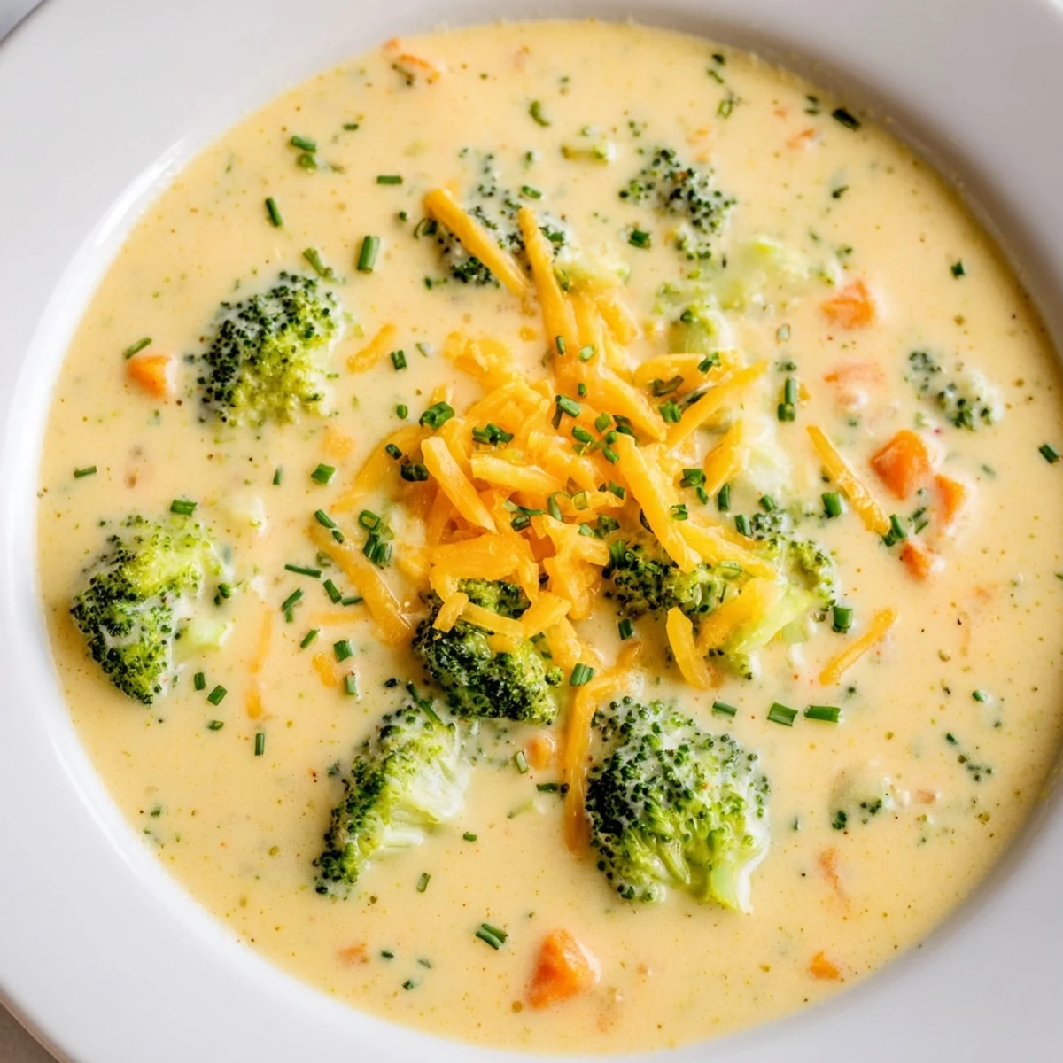 A ladle lifts a rich spoonful of Creamy Broccoli Cheddar Soup with Carrots, revealing smooth texture and vegetable chunks. 