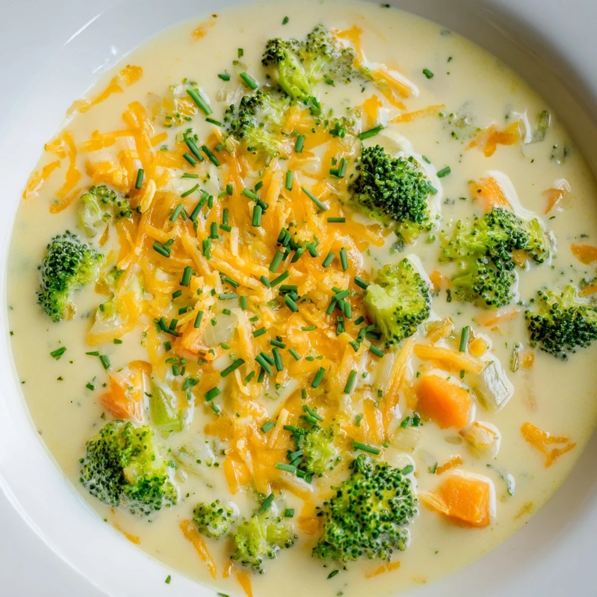 Served alongside crusty artisan bread, this Creamy Broccoli Cheddar Soup with Carrots promises a comforting vegetarian dinner.