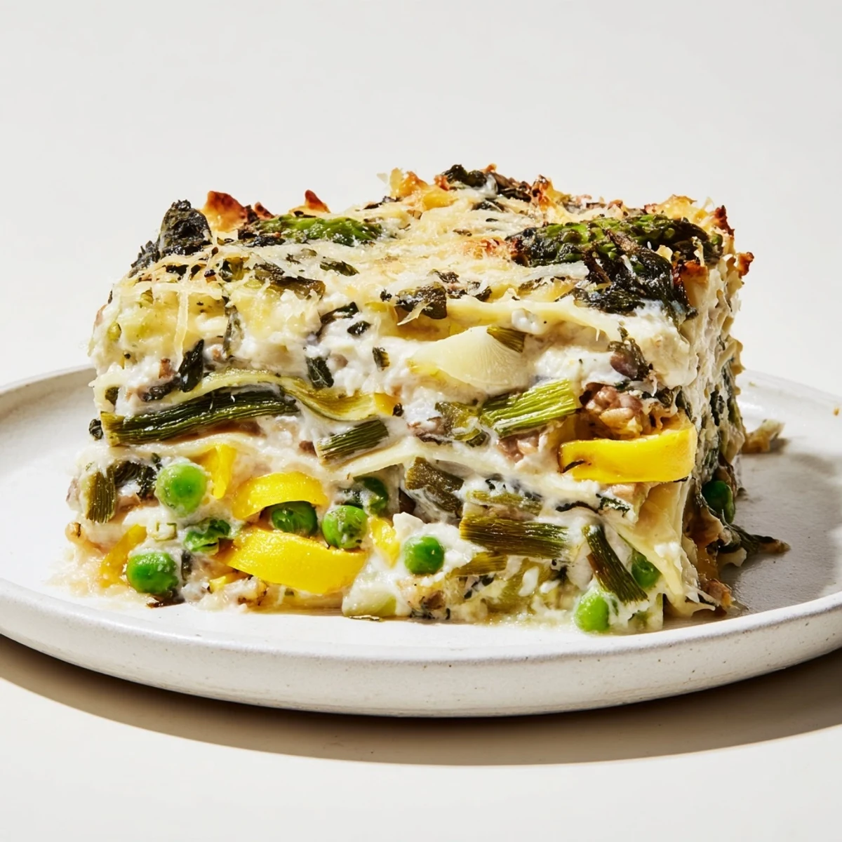 A close-up view of a slice of Spring Vegetable Lasagna with Béchamel, revealing steamy, tender noodles and a rich, white béchamel sauce pooling on the plate.