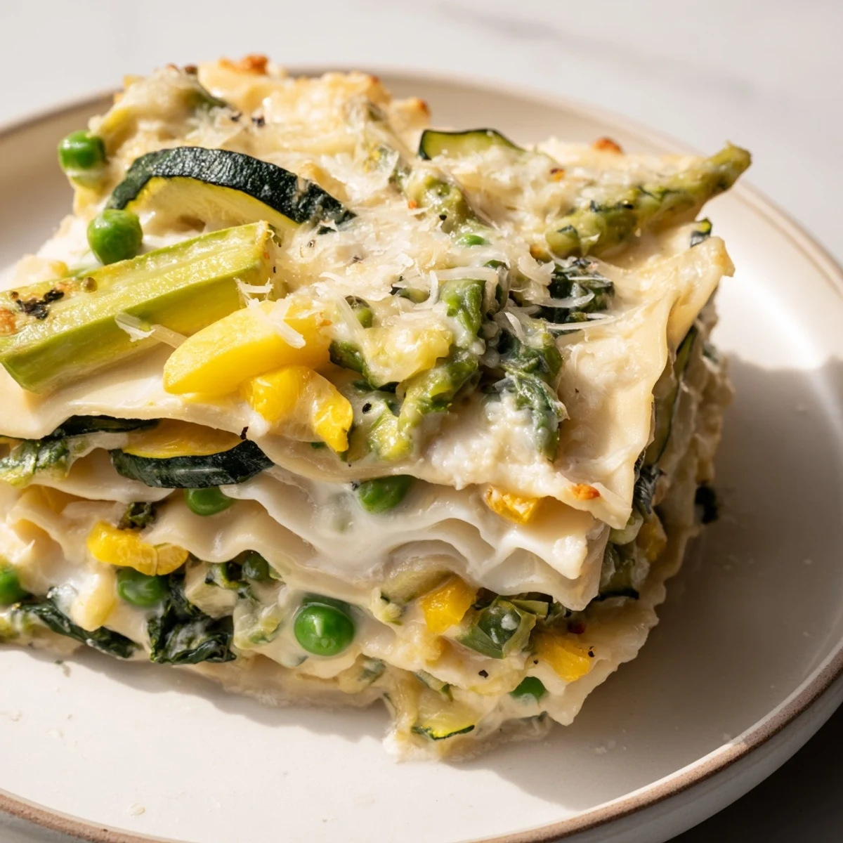 Golden layers of Spring Vegetable Lasagna with Béchamel are presented in a white dish, showcasing vibrant green zucchini, asparagus, and peas peeking from the creamy cheese topping.