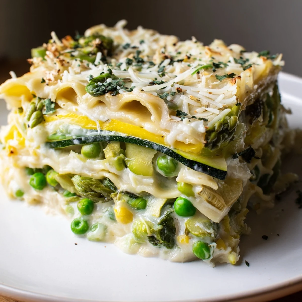 A rustic wooden table displays a full pan of Spring Vegetable Lasagna with Béchamel, garnished with fresh basil leaves and a side salad for a complete meal.
